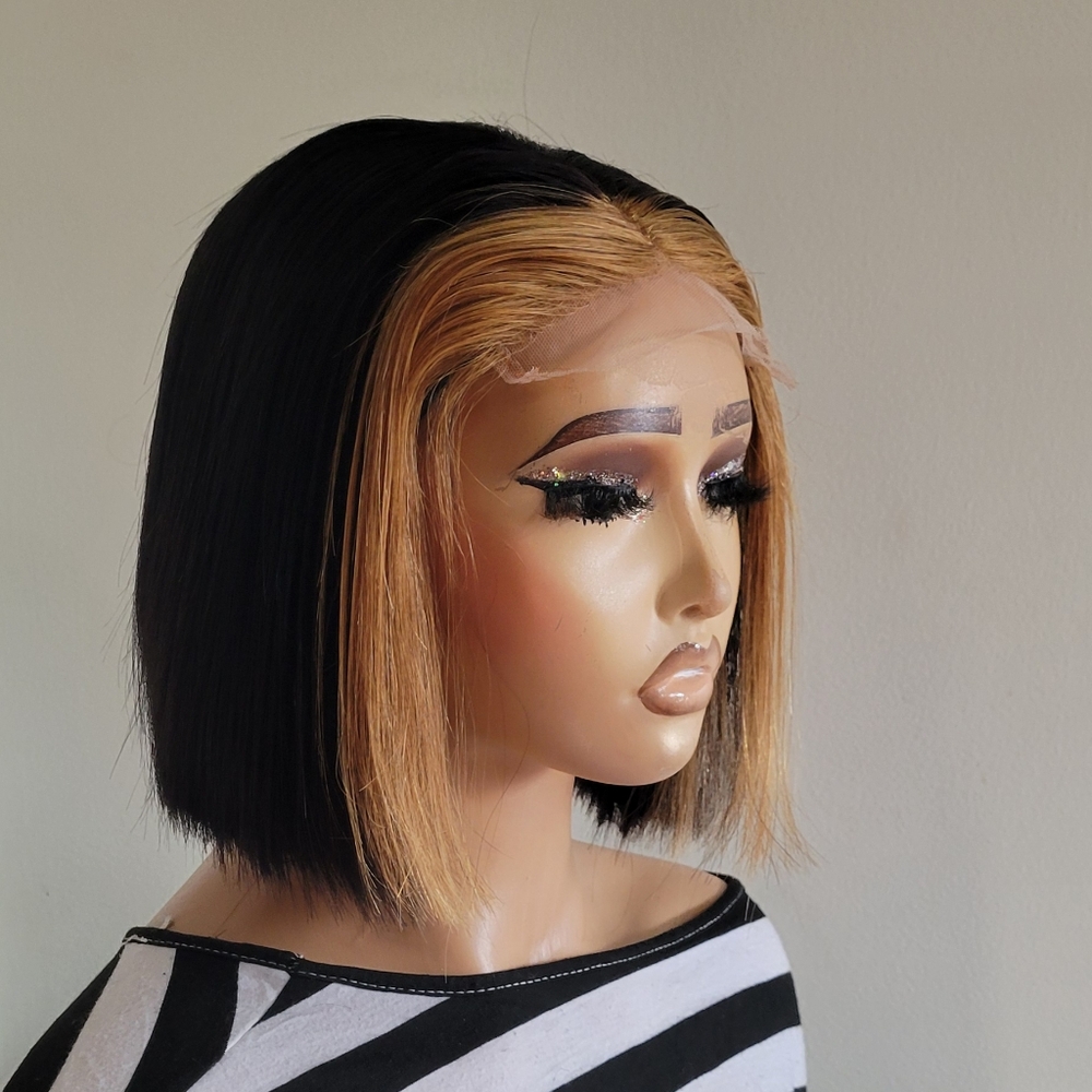 Black and Tan Sleek Bob Wig with Extensions